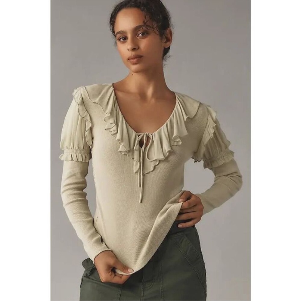 Anthropologie Long-Sleeve Ruffle Top In Green Size XS